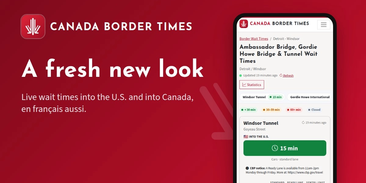 The new Canada Border Times on a phone: Detroit / Windsor wait times